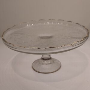VTG Jeannette Glass Harp Pedestal Cake Stand - Intact Gold Trim 10”